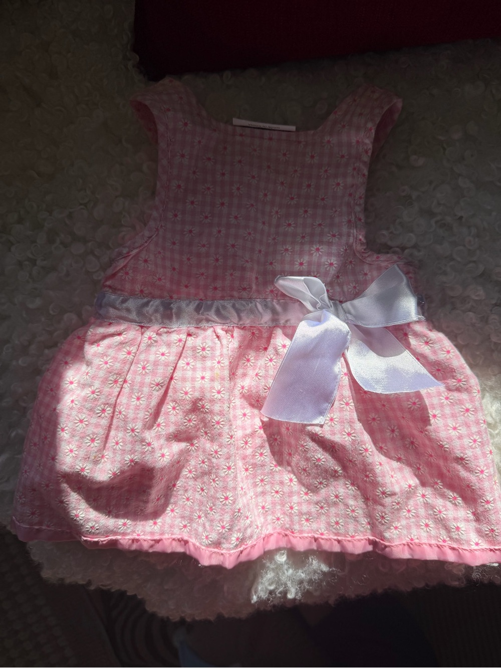🌸Pink Floral Gingham Dog Dress with White Satin Bow - Medium